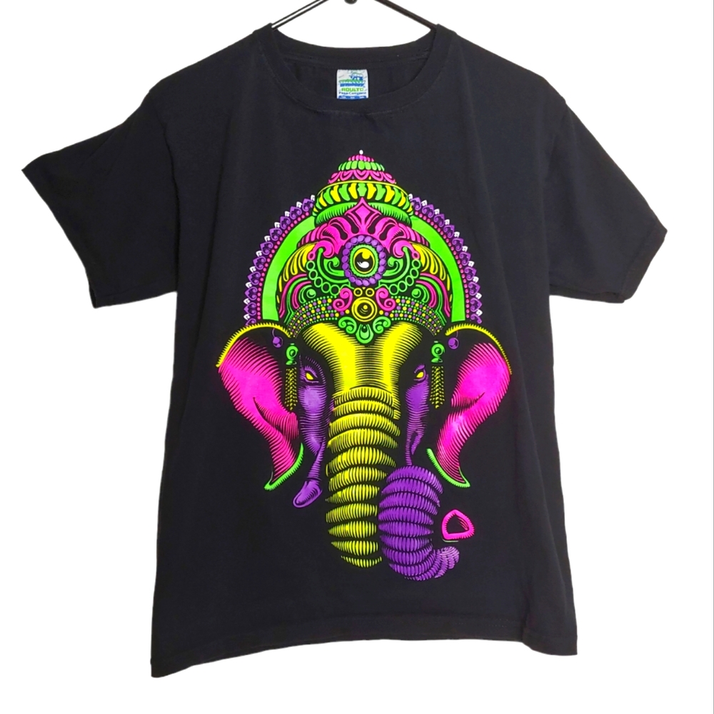 Thessh Men's Lord Ganesha Neon Elephant Black Short Sleeve T-Shirt Size Medium